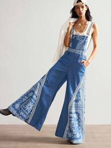 Bohemela Pantalon salopette en jean style patchwork imprimé, style bohème décontracté pour les vacances, pour femmes
