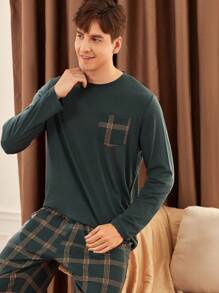 2pcs Men's Patchwork Pocket Long Sleeve Top And Plaid Long Pants Loungewear Set  Cozy And Elegant Details, Fall Clothes