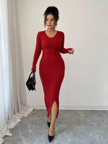 Elenzga 2pcs/Set Women Casual Solid Color Knitted Sweater And Skirt Set Fall Winter Cloth For Women - Burgundy - View 6