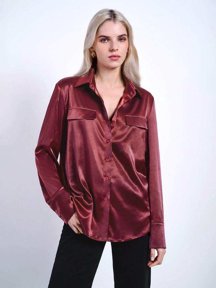 SHEIN Maija Chemise/Blouse décontractée pour femmes en tissu satin, manches longues, col claudine, boutonnage devant, poches avant, coupe ample, couleur vin rouge, pour le printemps précoce et les festivals
