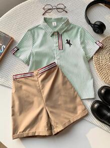 SHEIN 2 件/套平价休闲运动学院风彩色条纹丝带装饰 Polo 领短袖衬衫和卡其色梭织短裤套装，适合日常穿着、运动、郊游、校园、聚会、节日、拍照、返校季、春夏季 - 綠色 - 查看 8