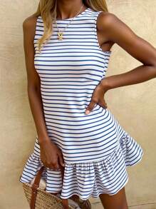 SHEIN LUNE Women's Casual Striped Pattern Mini Dress, Suitable For Spring & Summer Chic Dress - Multicolor - View 5