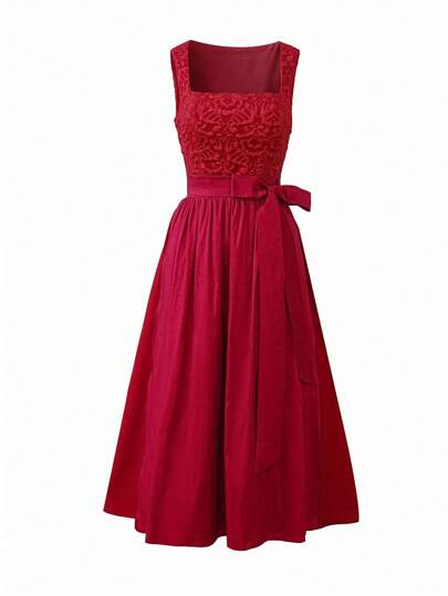 Fairmaia 优雅复古女士无袖连衣裙，传统德式风格德国传统复古无袖女士碎花连衣裙传统方领连衣裙和围裙，适合十月、万圣节