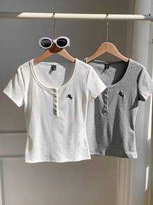 Comfortcana 2件灰色+白色纯色亨利领刺绣修身短袖T恤 - 灰色 - 查看 4