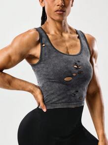 SHEIN Sports Charcoal Gray Women's Seamless Yoga Tank Top,Distressed Hollow-Out Design Matte Finish Crop Workout Top,Summer Athleisure Gym Wear For Running - Multicolor - View 5
