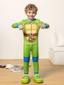 TEENAGE MUTANT NINJA TURTLES | SHEIN Young Boy Cartoon Turtle Shell Print Long Sleeve Top And Pants 2-Piece Pajama Set - Green - View 7