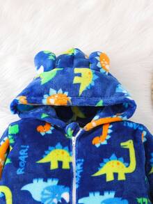 SHEIN Playful Pals Young Boy Cute Loose Comfy Cartoon Dinosaur Print Fleece Jumpsuit, Suitable For Autumn And Winter Fall - Blue - View 5