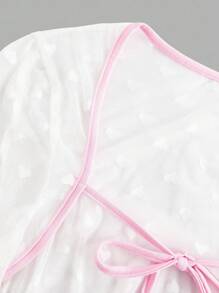 女士纯蕾丝心形图案荷叶边方领长袖短款睡袍 - 白色 - 查看 3