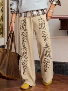 SWAVVY 男士休闲街头时尚字母刺绣抽绳腰侧口袋宽松阔腿运动裤 - 杏色 - 查看 5