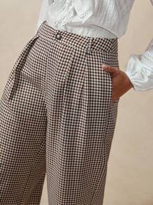 Florisole Women's Elegant Plaid Casual Retro Simple Straight Pants For Commuting Breezy Checks Season Fall Cloth For Women