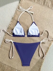 SHEIN Swim Vacation Beach Color Block Trim Bikini Swimwear For Summer - Navy Blue - View 2