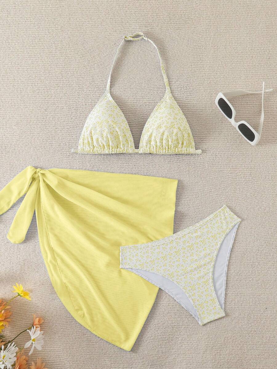 SHEIN 少女 3 件套碎花泳衣套装 - 泳衣、比基尼泳裤和系带前裙 - 黃色 - 查看 1