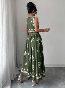 Elenzga Women Floral Print Crew Neck Sleeveless Top And Pleated Mini Skirt 2pcs Set, Fashionable