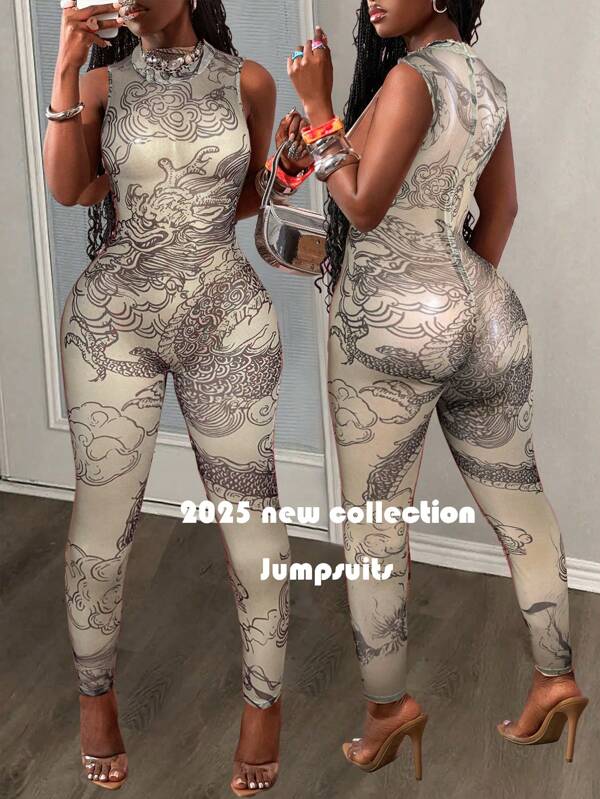 Slaydiva 2025 Summer New Music Festival, Birthday Party, Graduation Celebration Student Wear, Daily Streetwear, Basic Casual Sexy V-Neck Sleeveless Slim Fit Jumpsuit, Apricot Base With Floral & Dragon Print Mesh Detail