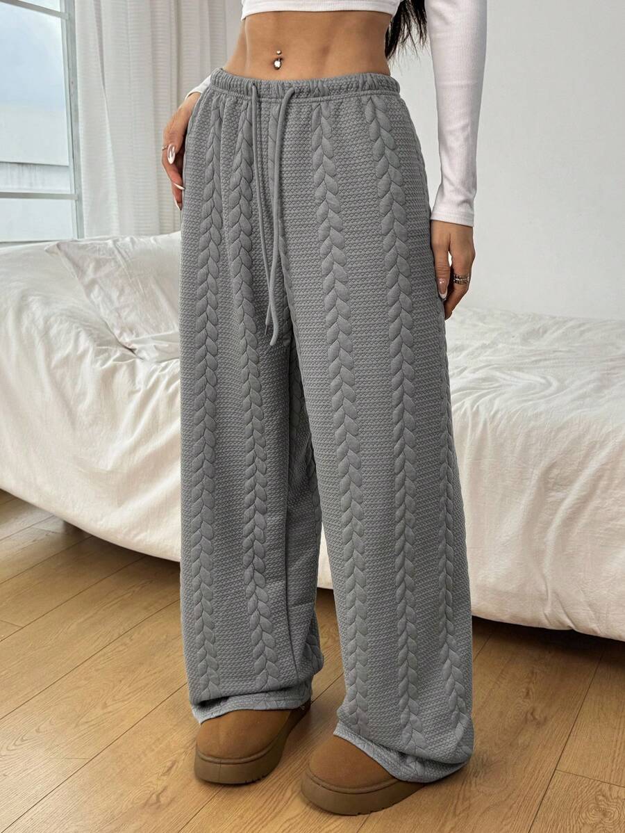 SHEIN EZwear Women's Casual Solid Color Texture Drawstring Waist Sweatpants, Autumn/Winter - Grey - View 1