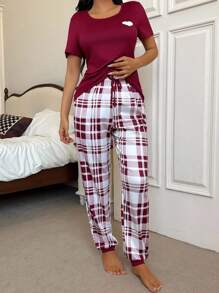 Red And Plaid Long Pant Pajama Set With Round Neck And Casual Style Burgundy Pajama Set Plaid Pajama Set, Fall Clothes