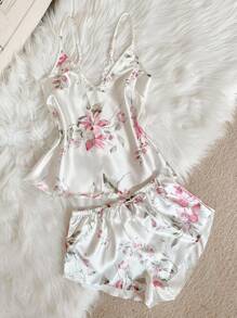 LuxeNights 2 Stücke/Set Damen sexy tiefer V-Ausschnitt Trägerhemd, bedruckte Shorts, eleganter Satin Schlafanzug, ganzjährig auch außerhalb zu tragen