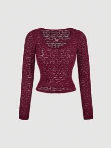 SHEIN MOD Blusa de manga larga con cuello redondo de encaje rojo para mujer - Burdeos - Ver 1