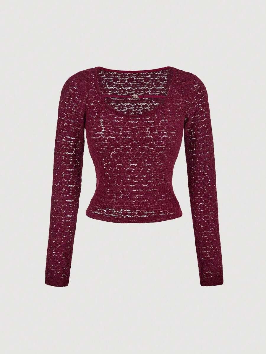 SHEIN MOD Blusa de manga larga con cuello redondo de encaje rojo para mujer - Burdeos - Ver 1