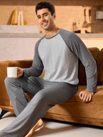 Manfinity Underwear&Sleepwear Basics 2 Stück Herren Kontrast-Farbblock Langarm-Oberteil & Hose Pyjama Set, Grundlegende Loungewear Schlafanzüge, Herbst-Winter Kleidung