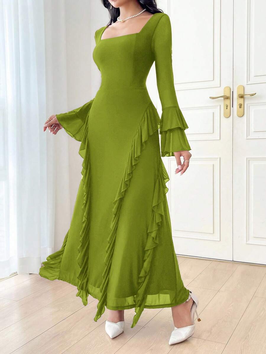 Modelyn Women's Solid Color Square Neck Bell Sleeve Long Elegant Dress Long Evening Dresses - Green - View 1