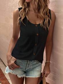 EMERY ROSE New Fashion Women Round Neck Button Camisole - Black - View 3
