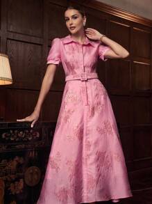 ZEYLAH Women's Floral Jacquard Puff Sleeve Elegant Long Shirt Dress - Pink - View 6
