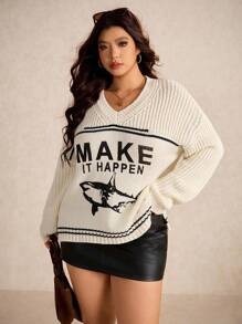 Elaquor Plus Size Women English Letter Print V-Neck Long Sleeve Casual Sweater In Fall/Winter - White - View 5
