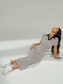 SHEIN PETITE Robe longue à manches courtes avec col polo tricoté à rayures pour femmes