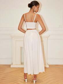 Chiquease Women's 2 Pieces Set, High Stretch Knitted Drapey Fabric, Pleated, Solid Color, Bodycon, Spaghetti Strap, Deep V-Neck, Twist Knot, Pleated, Chest Ruffle, Open Back, Wide Leg, Cinched Waist, Suitable For Holiday, Vacation, Wedding Party, Elegant, Sexy, Glamorous, Romantic, Casual, Minimalist, Commute, Chic, Spring/Summer Ladies Camisole And Wide Leg Pants, Ladies 2 Pieces Set All White Looks Of Party - White - View 2