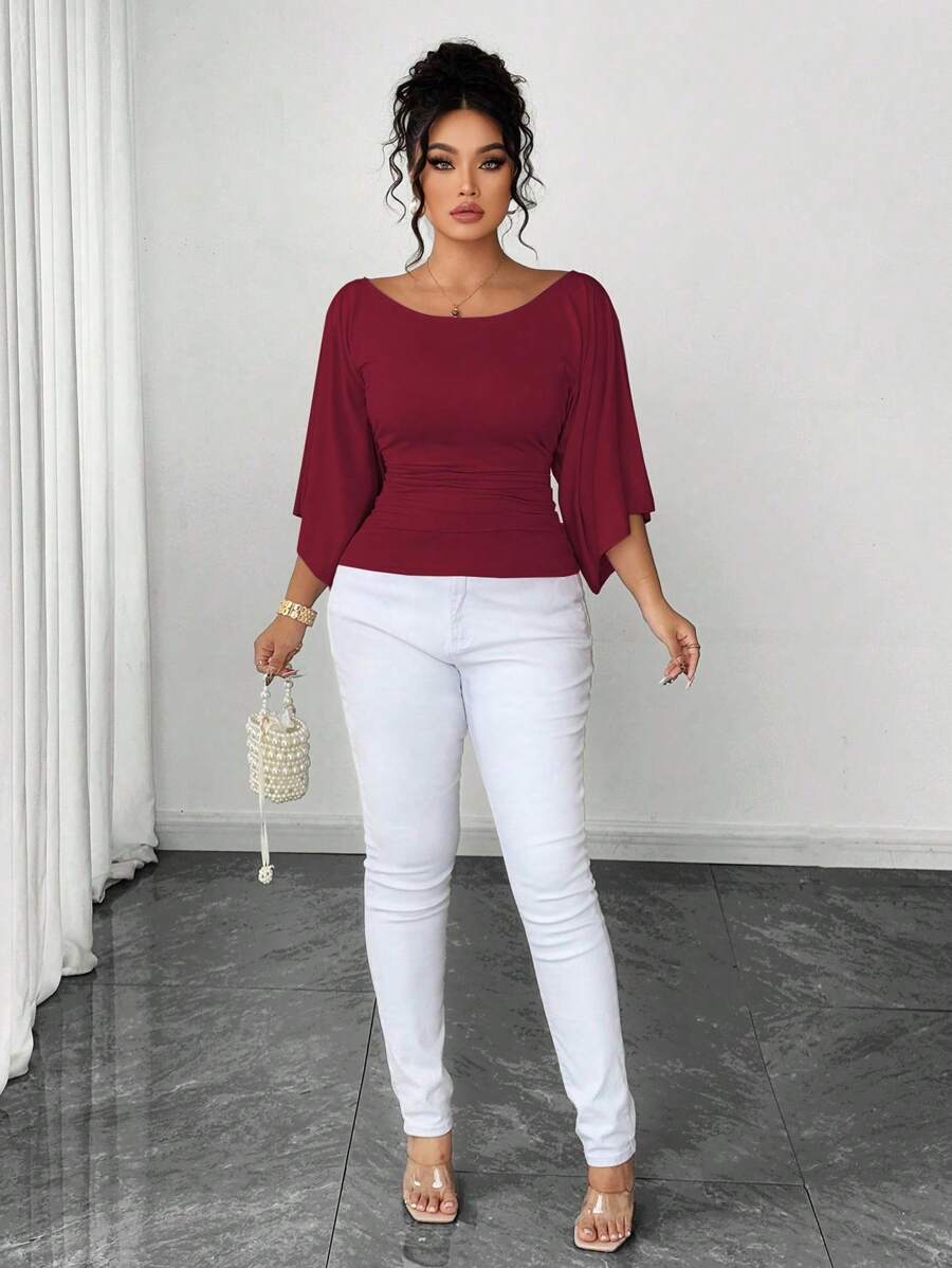 SHEIN Elenzya 大码女式针织高弹力喇叭袖圆领纯色优雅T恤 - 酒紅色 - 查看 1