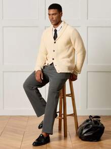 Manfinity CityGents Áo khoác cardigan nam trơn màu có cổ khăn choàng, tay dài, thường ngày, phong cách cổ điển, thu đông - Màu be - Xem 4