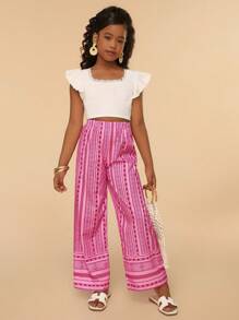 SHEIN Tween Girls' Geometric Print Elastic Waist Relaxed Fit Summer Vacation Pants - Pink - View 5