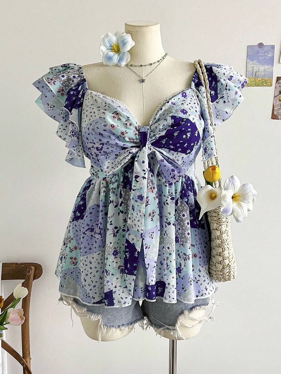 Dreamara Áo cánh tay lửng cổ chữ A họa tiết hoa voan xinh xắn dành cho nữ mùa hè cỡ lớn - Nhiều màu - Xem 1