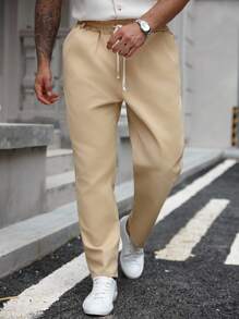 Manfinity Homme 大码男士纯色抽绳腰口袋直筒宽松休闲裤 - 卡其色 - 查看 4