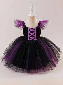 Glamorique Kids Girls' Princess Dress, Halloween Black And Purple Contrast Mesh Floral Dress, Small Flying Sleeves, Halloween Costume, Halloween Dress-Up Costume, Autumn Dress, Birthday Party Dress, Seasonal Mesh Dress, Knitted Camisole Dress, COS Costume Fall Winter