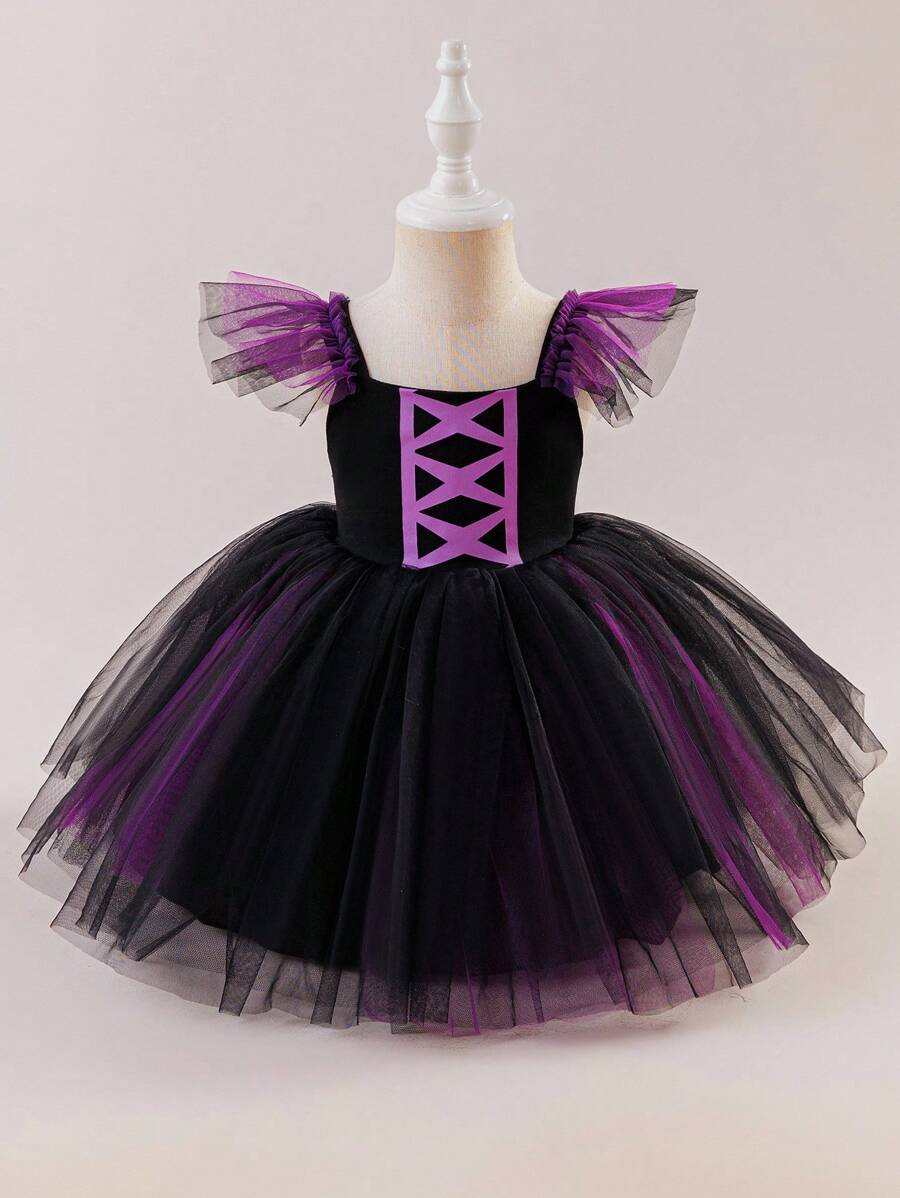 Glamorique Kids Girls' Princess Dress, Halloween Black And Purple Contrast Mesh Floral Dress, Small Flying Sleeves, Halloween Costume, Halloween Dress-Up Costume, Autumn Dress, Birthday Party Dress, Seasonal Mesh Dress, Knitted Camisole Dress, COS Costume Fall Winter