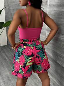 Damen Set bestehend aus rosenrotem einfachem Modecamisole Top und Shorts mit Blattmuster, 2-teilig - Heißes Pink - Übersicht 2