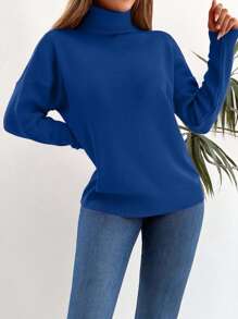 EURMUSE Women's Simple Casual Solid Color High Neck Loose Oversized Sweater,Jumper,Cream Jumper,Jumpers,Black Jumper,Womens Jumper,White Jumper,Women's Jumper,Women's Jumpers,Winter Clothes - Navy Blue - View 3