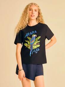 CAJUNI Tricou negru pentru femei, guler rotund, mânecă scurtă, tricou de vară, casual, lejer, cu imprimeu de papagal și botanică, tricou grafic, mărimea S, tricou grafic pentru femei, tricou grafic pentru femei, tricou grafic - Negru - Vizualizare 4