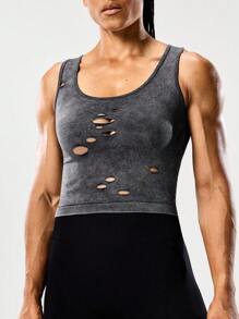 SHEIN Sports Charcoal Gray Women's Seamless Yoga Tank Top,Distressed Hollow-Out Design Matte Finish Crop Workout Top,Summer Athleisure Gym Wear For Running - Multicolor - View 6