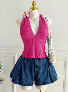 Comfortcana 加大码夏季度假风格针织 V 领细肩带吊带背心 - 玫紅色 - 查看 5