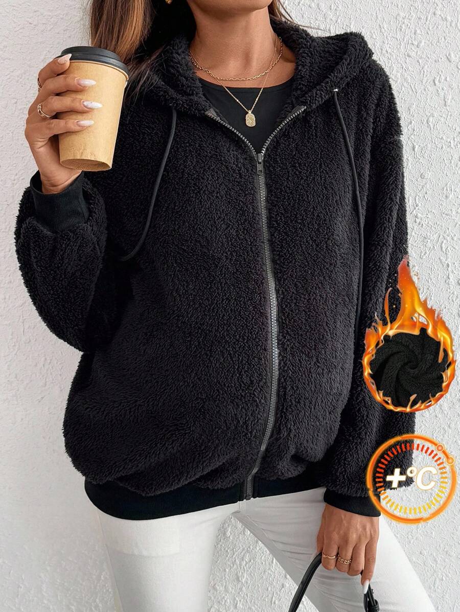 SHEIN Herbstkleidung, Herbstkleidung, Umstandskleidung Herbst/Winter Umstandskleidung Lässige vielseitige einfarbige Kapuzensweatshirts, Herbst/Winter Reißverschluss-Sweatshirts Damen Sweatshirts Schwarze flauschige Jacke Flauschiger Sweatshirt Schwarzer Reißverschluss-Fleece Reißverschluss-Sweatshirt Damen Schwarz - Schwarz - Übersicht 1