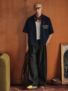 SWAVVY Men's Summer Casual Streetwear Embroidery Dropped Shoulder Loose Shirt - Blue - View 5