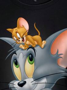 TOM & JERRY X SHEIN Áo thun nữ cỡ lớn họa tiết hoạt hình dễ thương, cổ tròn, tay ngắn, thích hợp mặc đi chơi hoặc đi nghỉ mát mùa hè. - trắng - Xem 3