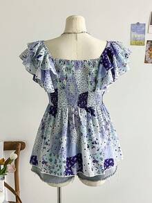 Dreamara Áo cánh tay lửng cổ chữ A họa tiết hoa voan xinh xắn dành cho nữ mùa hè cỡ lớn - Nhiều màu - Xem 2