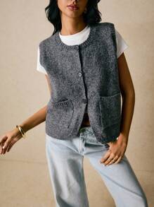 Poéselle Áo len dệt kim cổ tròn đơn sắc, túi đôi, hàng khuy đơn dành cho nữ, thời trang thu đông - Màu Xám nhạt - Xem 5