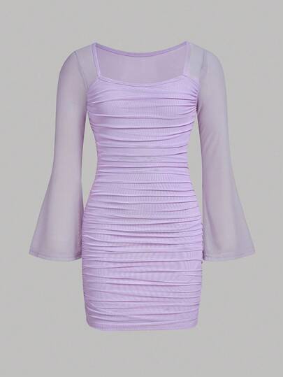 SHEIN Girlism Tween Girls Elegant Formal Knitted Solid Color Square Neckline Mesh Bell Sleeve Ruched Long Sleeve Snug Fit Dress, For Autumn White Daily Wear Lilac Dress Light Purple Dress Sheer Sleeve Dress Purple Mesh Dress Lavender Dress Ruched Dress Long Sleeve Dress Fall Winter Mesh Sleeve Dress