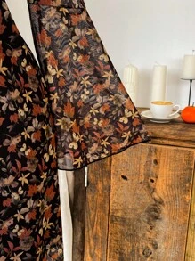 Comfortcana 大码休闲棕色枫叶印花长袖连衣裙，秋冬 - 彩色 - 查看 3