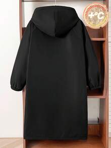 SHEIN 青少年男童休闲毛绒衬里连帽中长款厚梭织夹克，适合上学、花园、海滩、生日、春季、夏季、秋季、冬季 - 黑色 - 查看 2